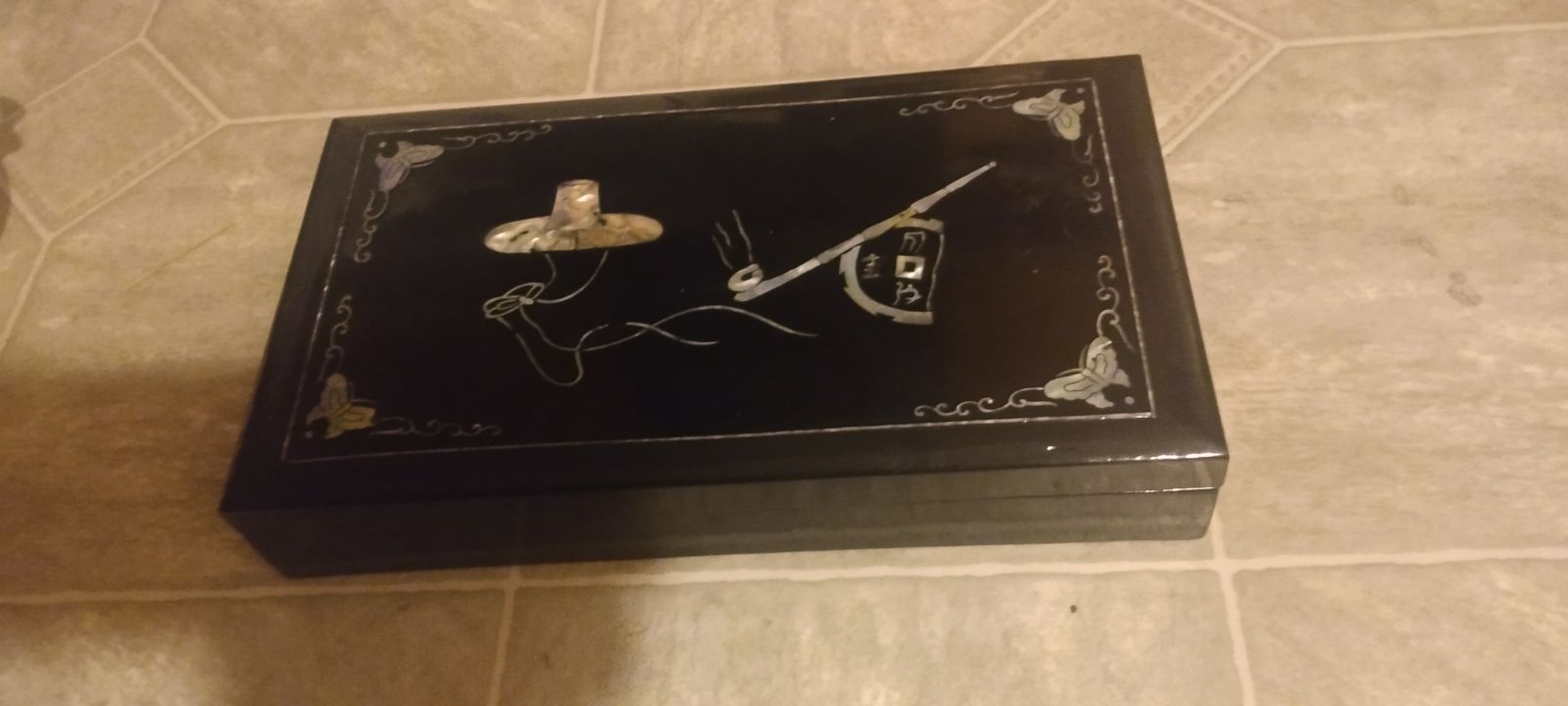 Vintage Inlaid Chinese Desk Box. Inlaid Mother of Pearl and Enamel Black Desk Bo