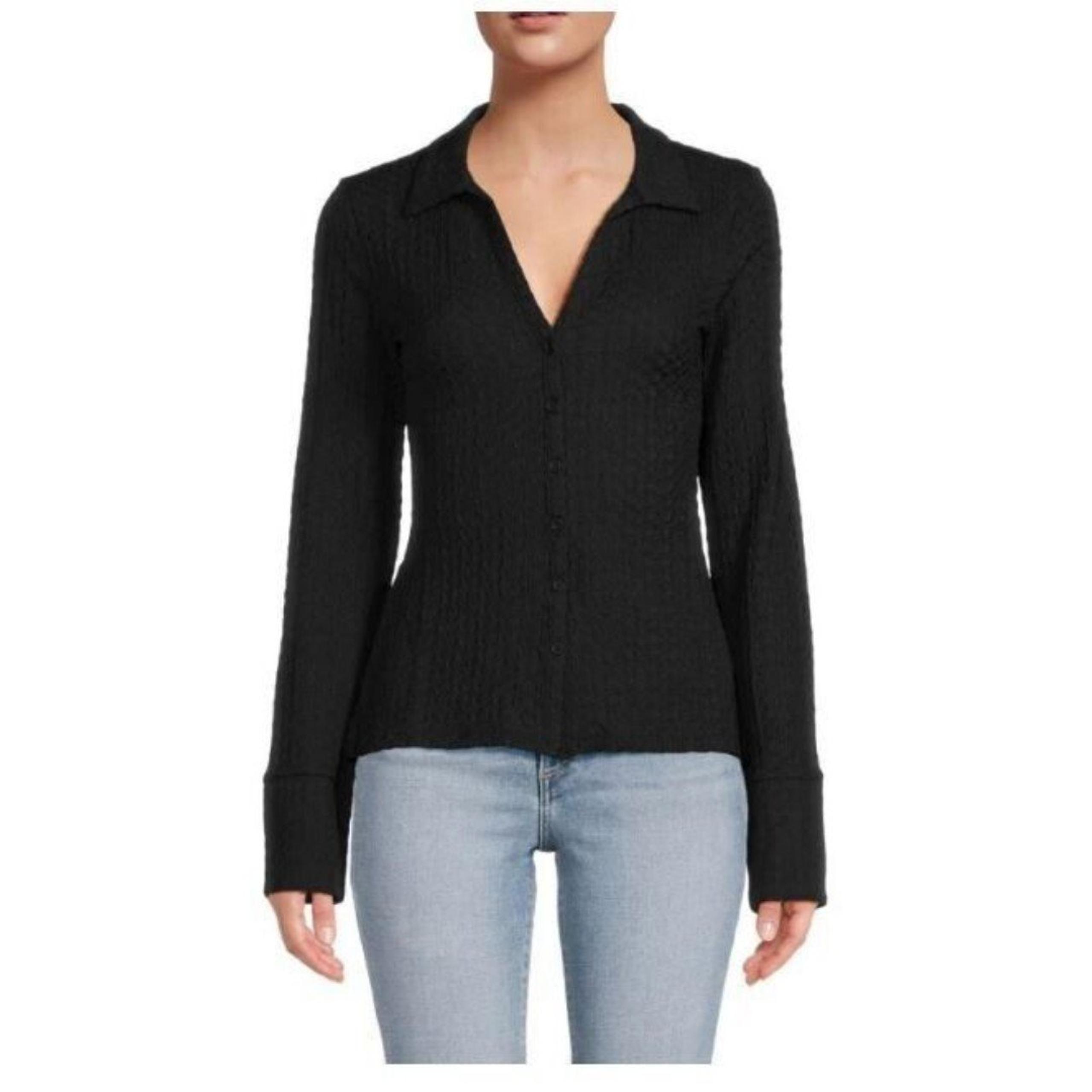 NWT French Connection Black Tash Textured Top Shirt Blouse Button Front Size XS
