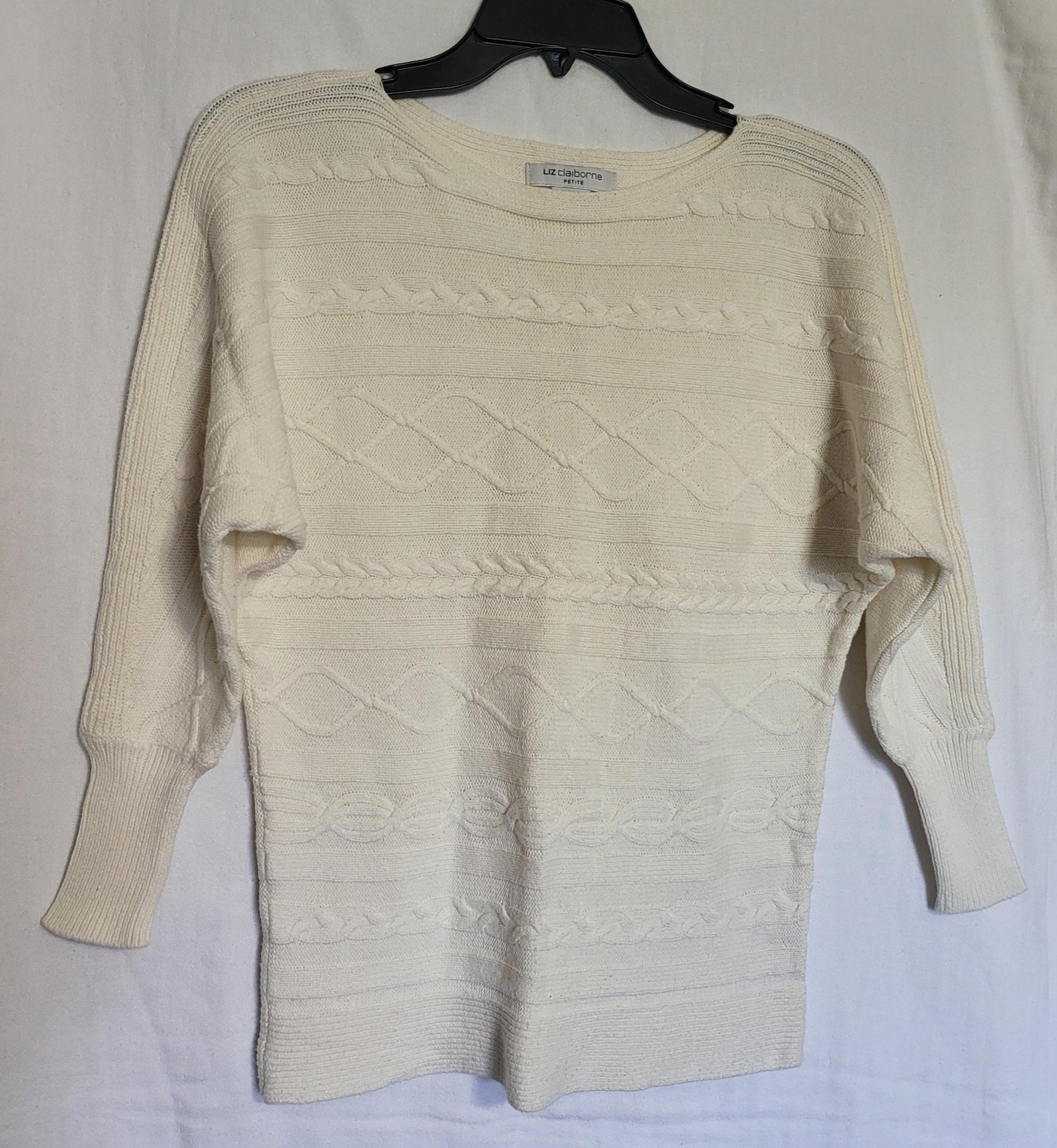 Liz Claiborne Womens Ivory Textured Dolman Cable Knit Sweater S Petite Vintage