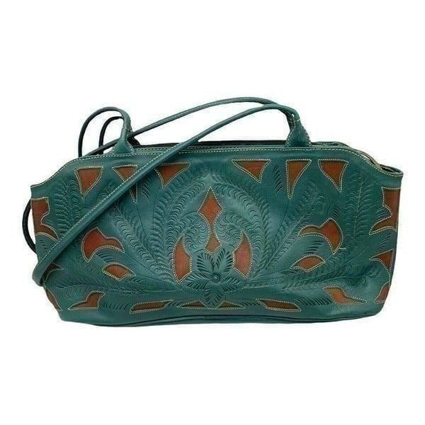 LEADERS IN LEATHER Hand Tooled Cutout Multi Color Leather Purse Bag