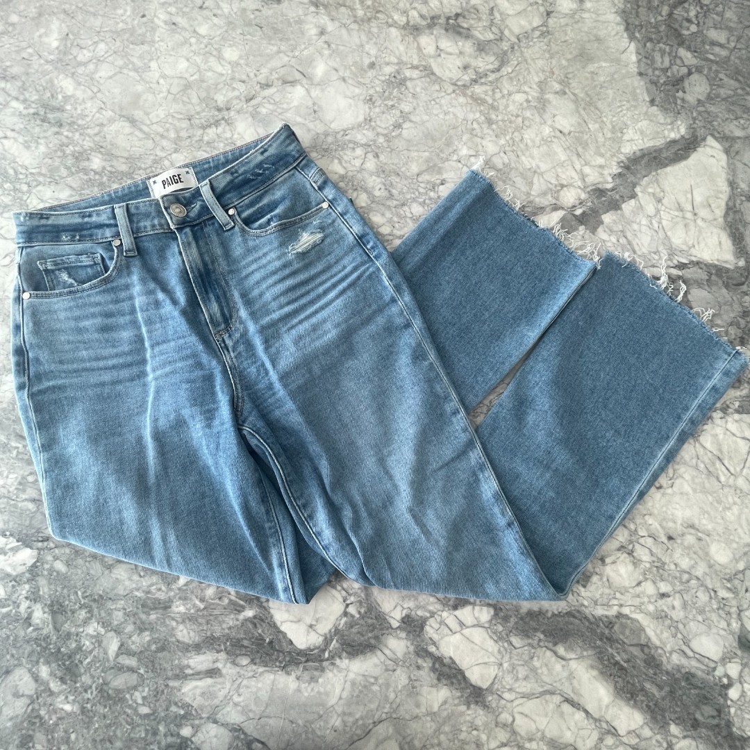 Paige Femme High Waist Distressed Raw Hem Bootcut Jeans Blue Size 26