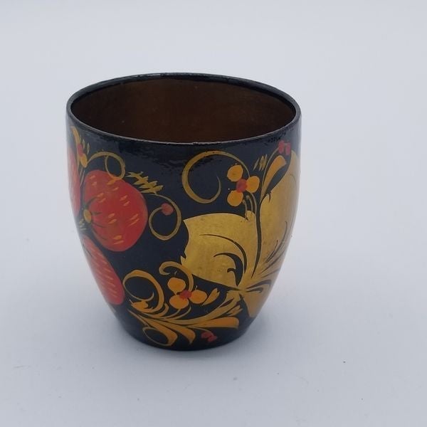 Vintage wooden lacquered lidded little cup handmade hand painted detailed