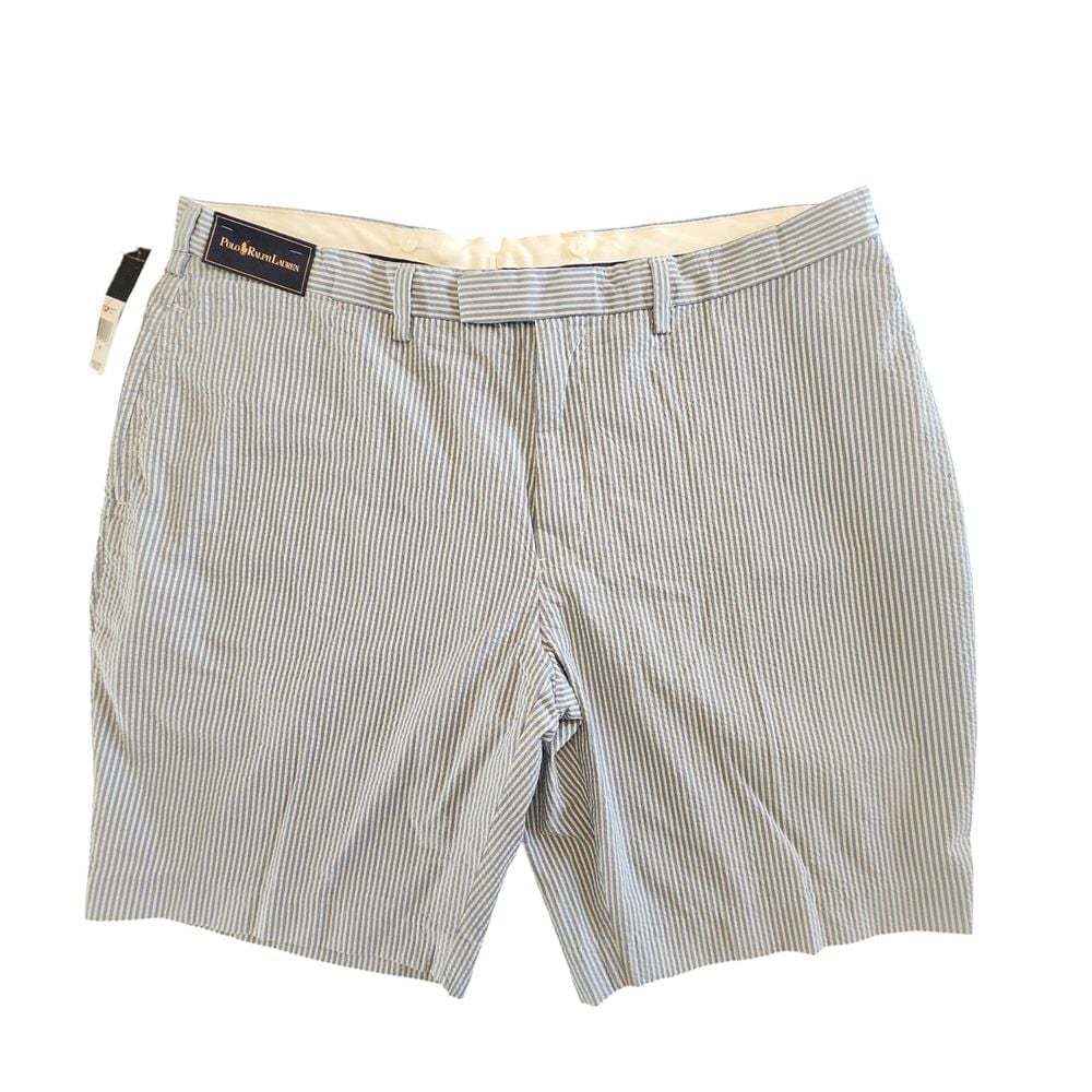 Ralph Lauren Polo Mens 42 Blue Suspender Buttons Seesucker Stripe Shorts New