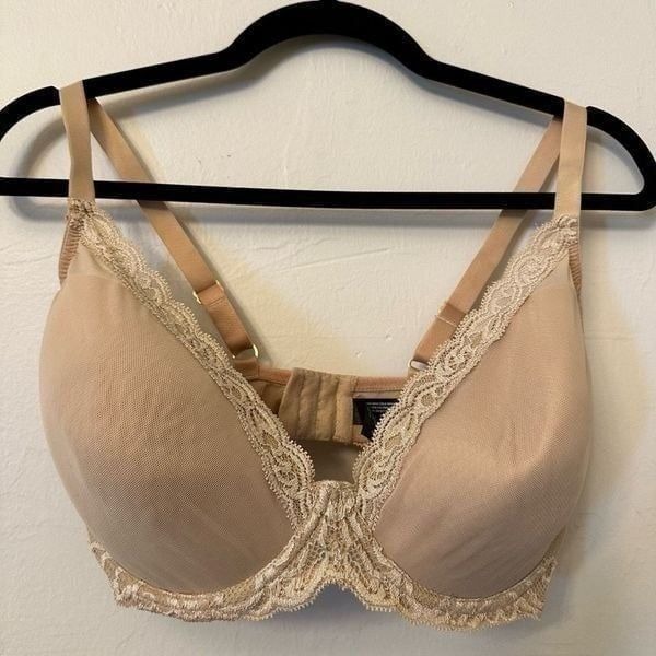 Natori Lace Feathers Full Figure Contour Underwire Plunge Bra Beige Size 34G