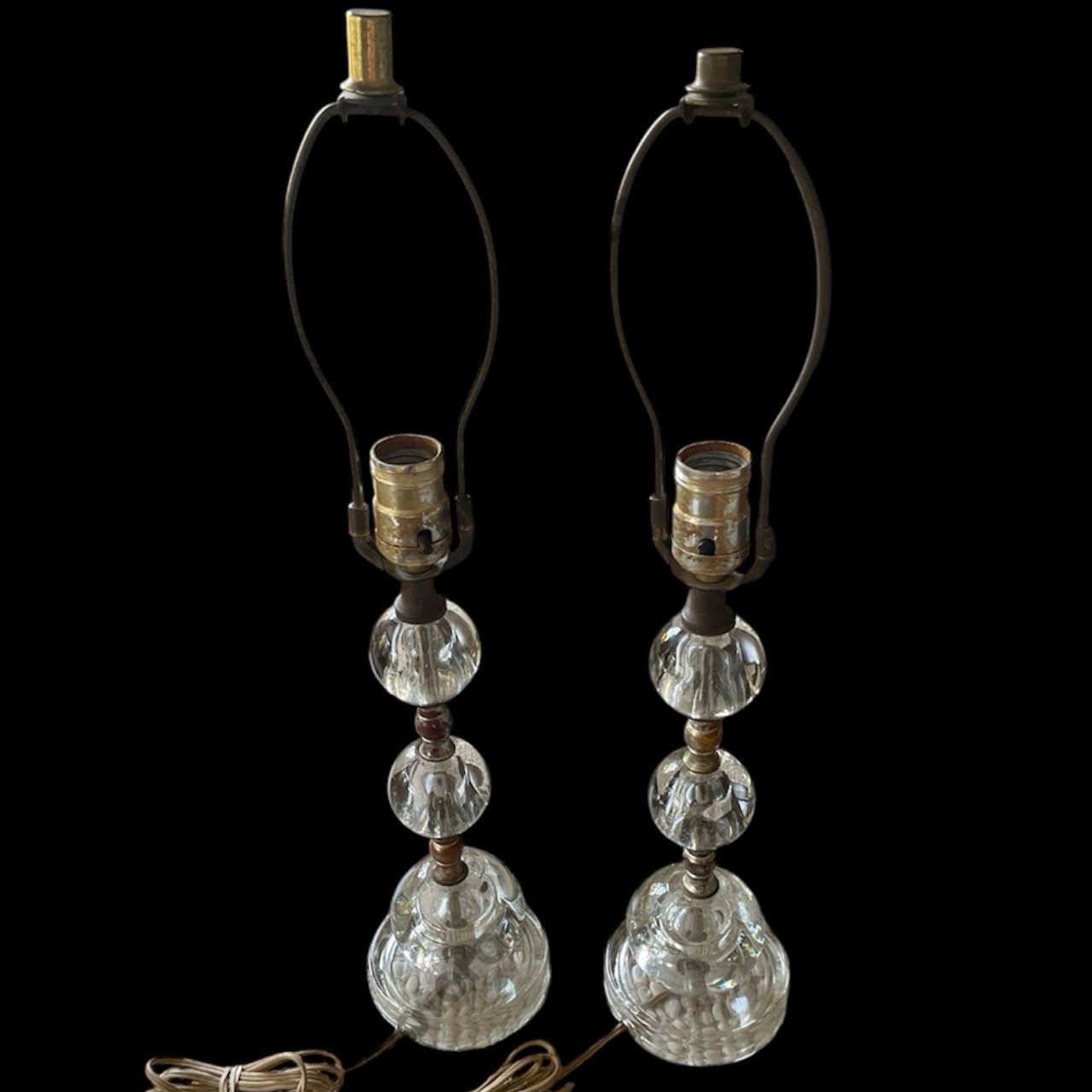 Pair of Vintage Crystal Ball Vanity Lamps Crystal Boudoir Lamps 20 1/2” tall