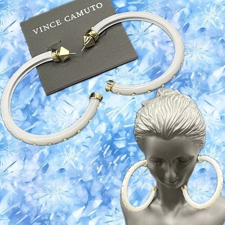 Vince Camuto Large White Metal Gold Round Studded Accent Open Hoop Post Earrings