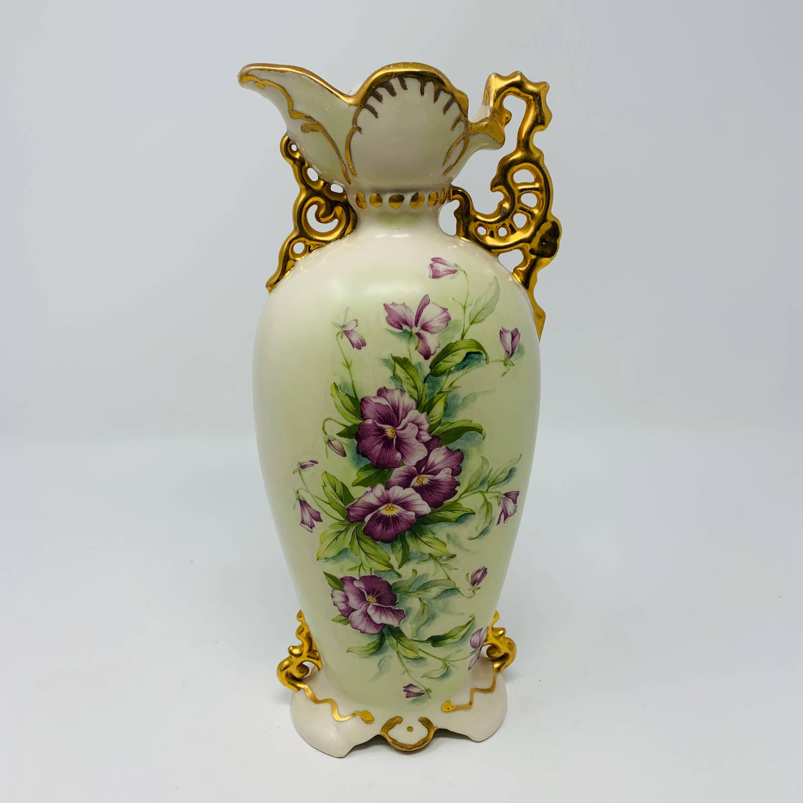 Hand Painted Vase Alberta's Mold Floral Gilded With Gold Marked Helen L. 1958