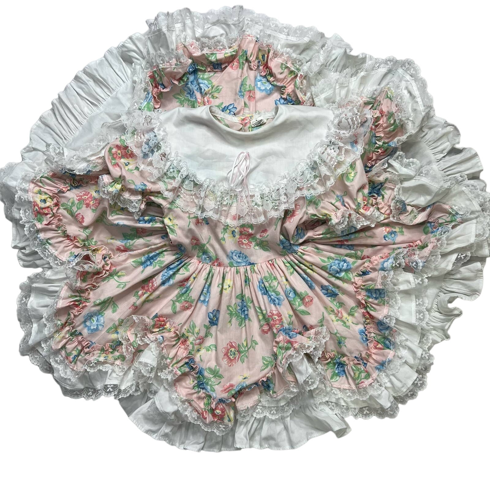 Vintage Lid'l Dollys Full Circle Pink Floral Lace Dress Girls Size 6 Ruffle