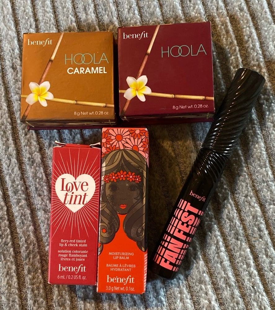 Benefit Hoola Bronzer, Love Tint Lip Cheek Stain, Lip Balm, Fanfest Mascara