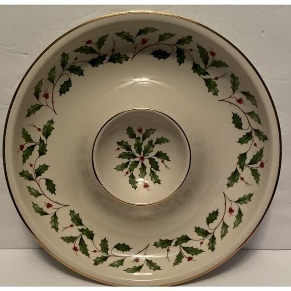 Lenox Dimension Holiday Collection Chip & Dip Plate Holly Berry 12 Gold Rim