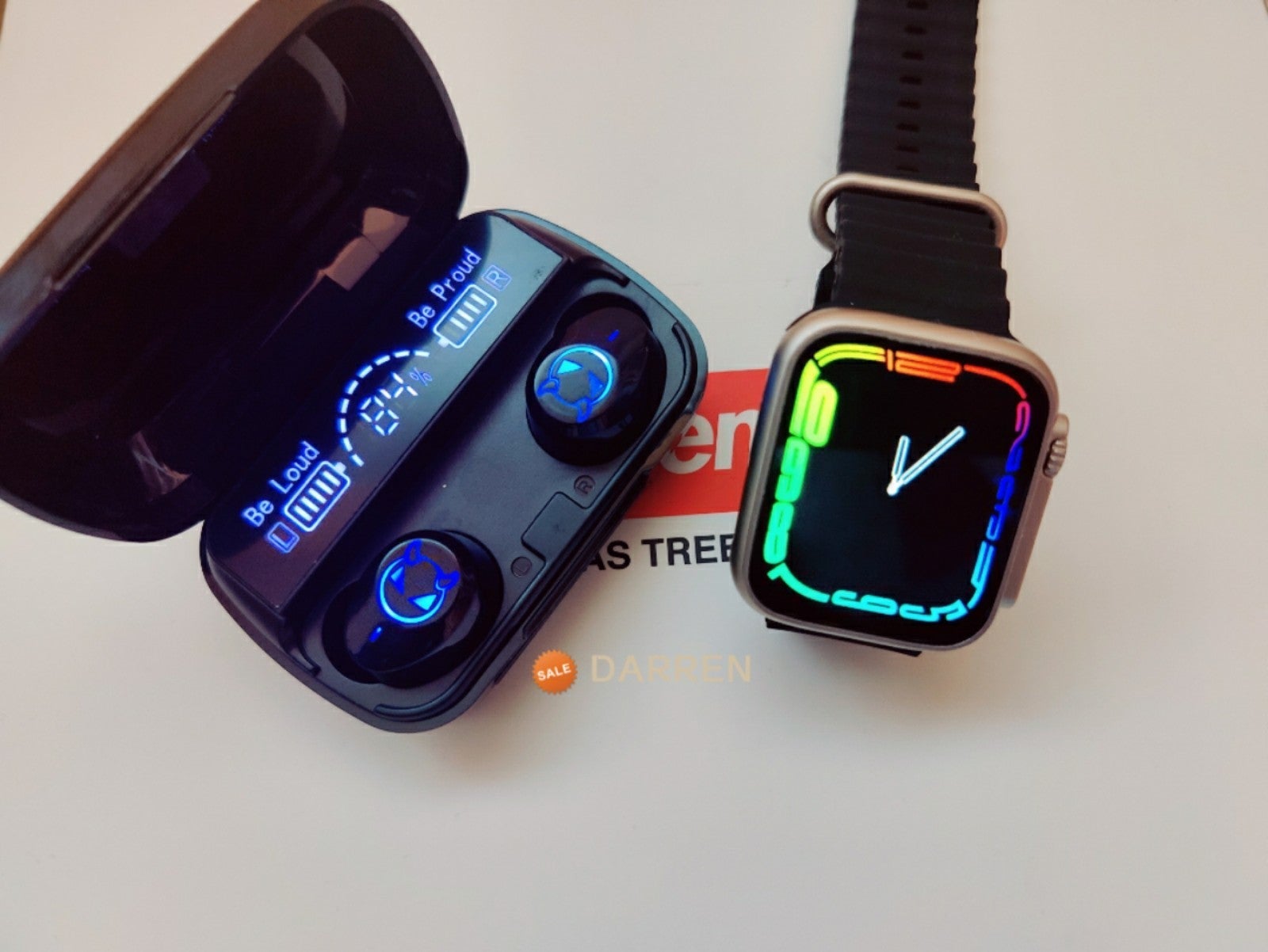 SmartWatch Wireless Charg Bluetooth Call + Bluetooth Waterproof Earbuds Earphon