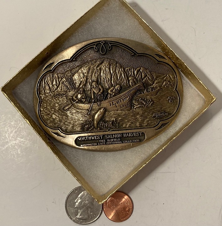 Vintage Metal Belt Buckle, Brass, Northwest Salmon Harvest, Washington, Nice