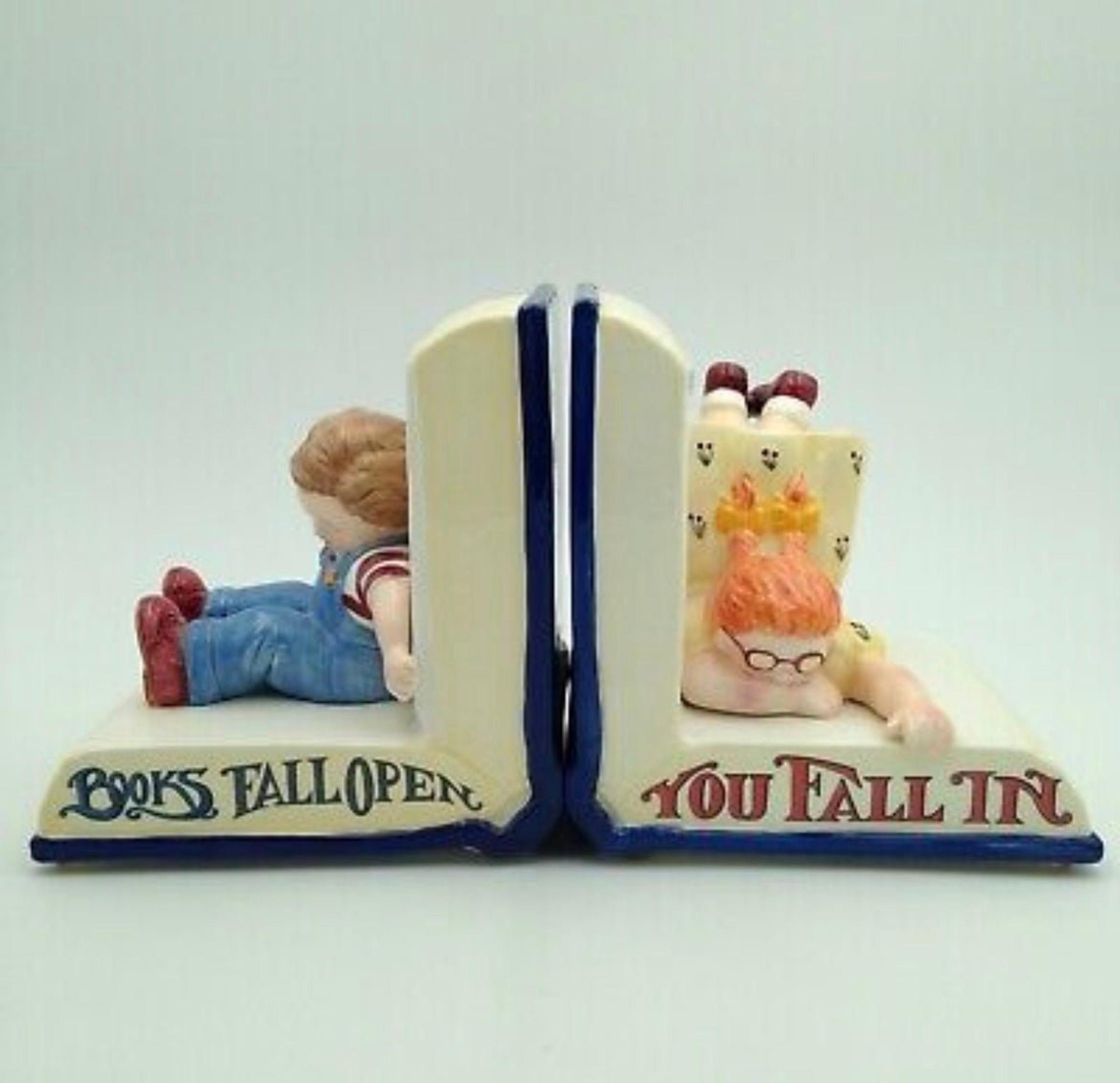 Mary Engelbreit Ceramic Bookends Books Fall Open You Fall In Boy Girl Book Ends