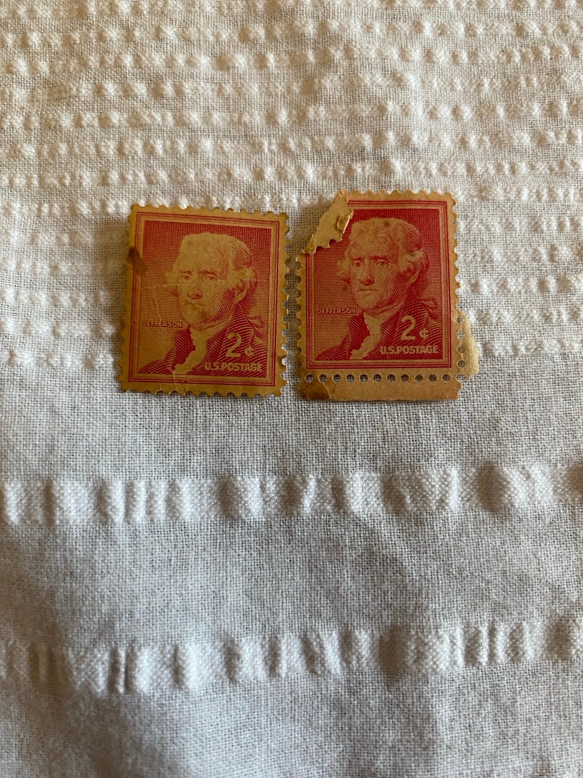 Two Thomas Jefferson Red 2 cent stamps in great condition not postmarked!