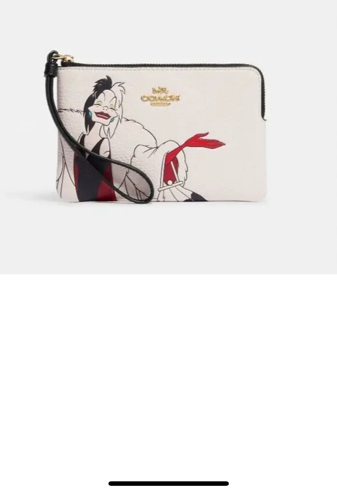 NWT Coach CC334 Disney X Corner Zip Wristlet with Cruella Motif