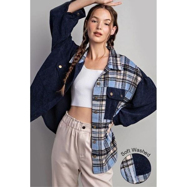 Davi& Dani Blue Plaid Split Corduroy Shacket Women’s Size M Oversized Streetwear