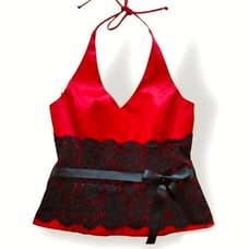 EXCAPE Women’s Top Size 12 Red Satin Black Lace Formal Boned Corset Halter