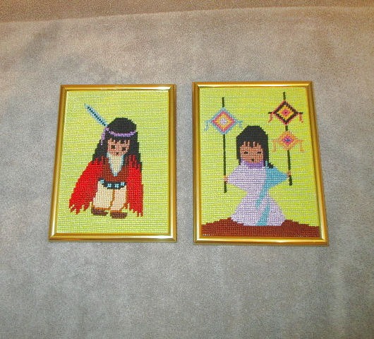 LOT Of 2 DeGrazia NATIVE BOY & GIRL Framed Art CROSS STITCH Needle Point VINTAGE