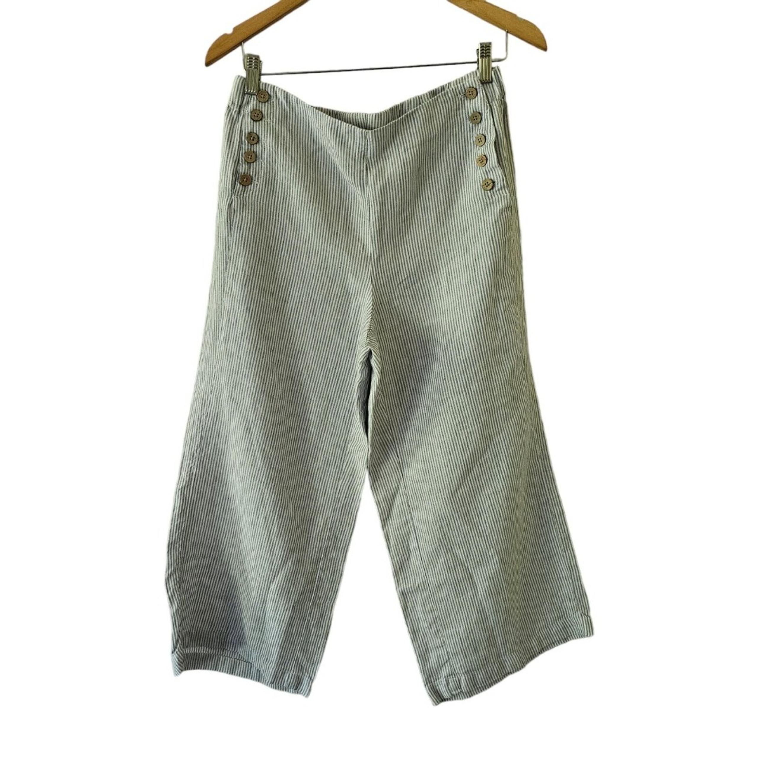 J Jill Linen Pants Striped Wide Leg Sailor Buttons SMALL