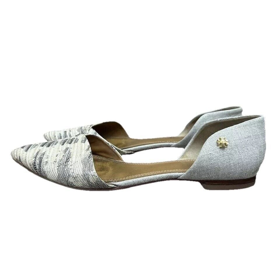 Tory Burch D'Orsay Viv Lizard Flats Womens 8 Leather & Linen Pointed Toe Slip On