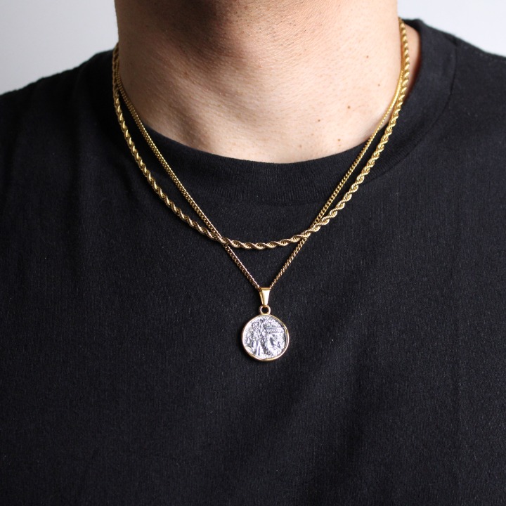 Gold Zeus Pendant Chain Necklace & 3mm Rope Chain Set