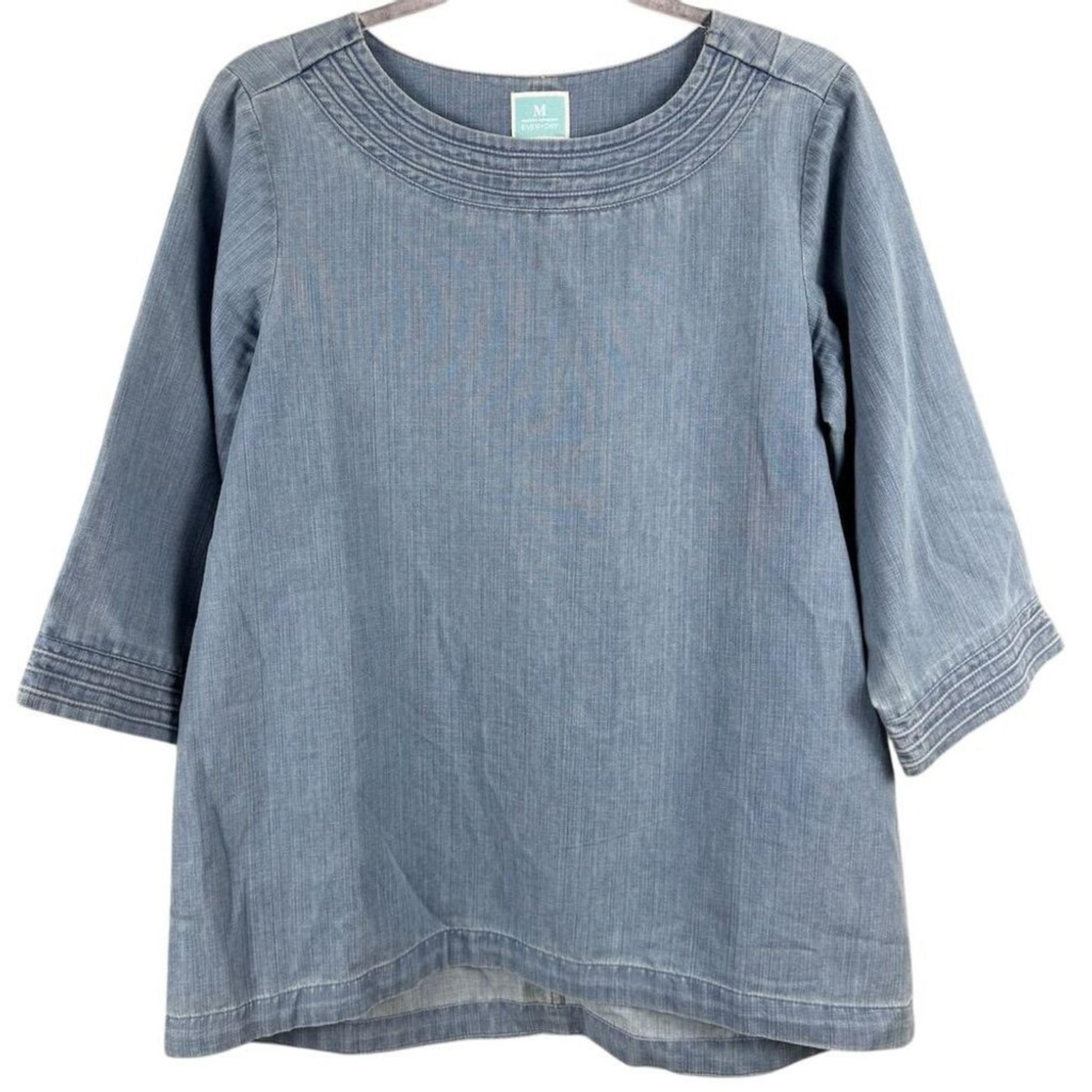 Martha Stewart Women's Blue Denim Tunic Blouse Size S 3/4 Sleeve Casual