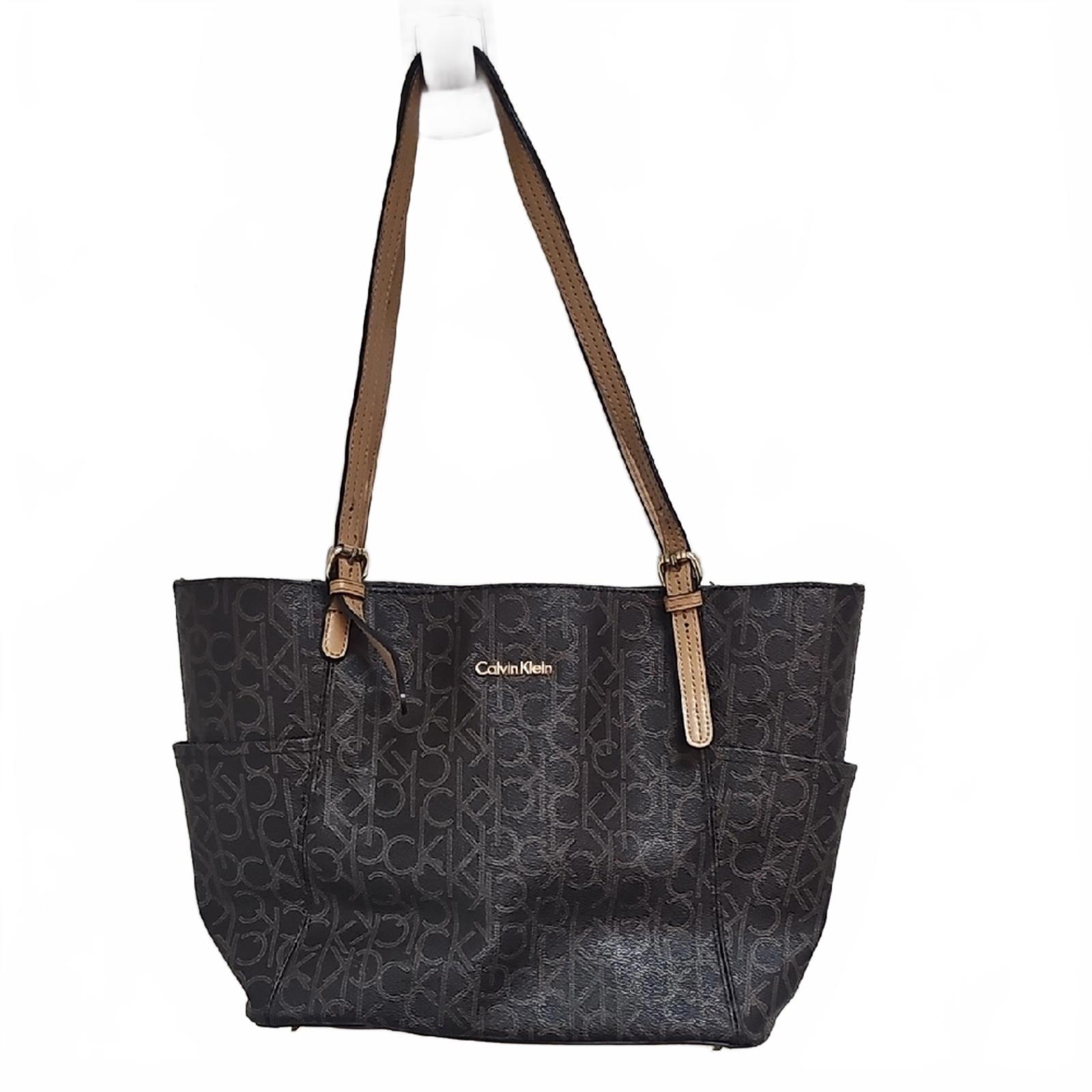 Calvin Klein Black and Tan Tote Bag with Monogram Pattern