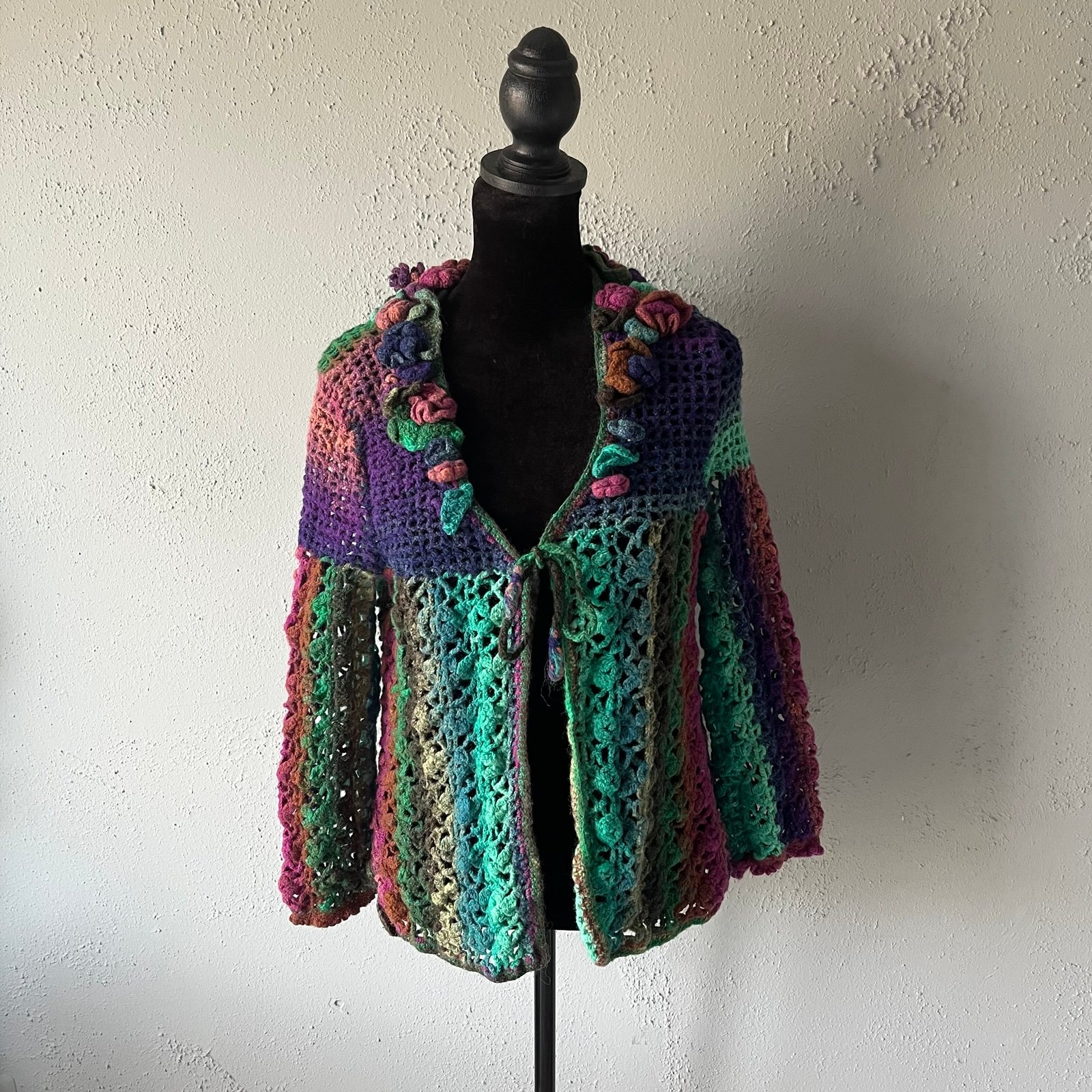 Multi-coloured ombré purple green teal crochet flower floral cardigan