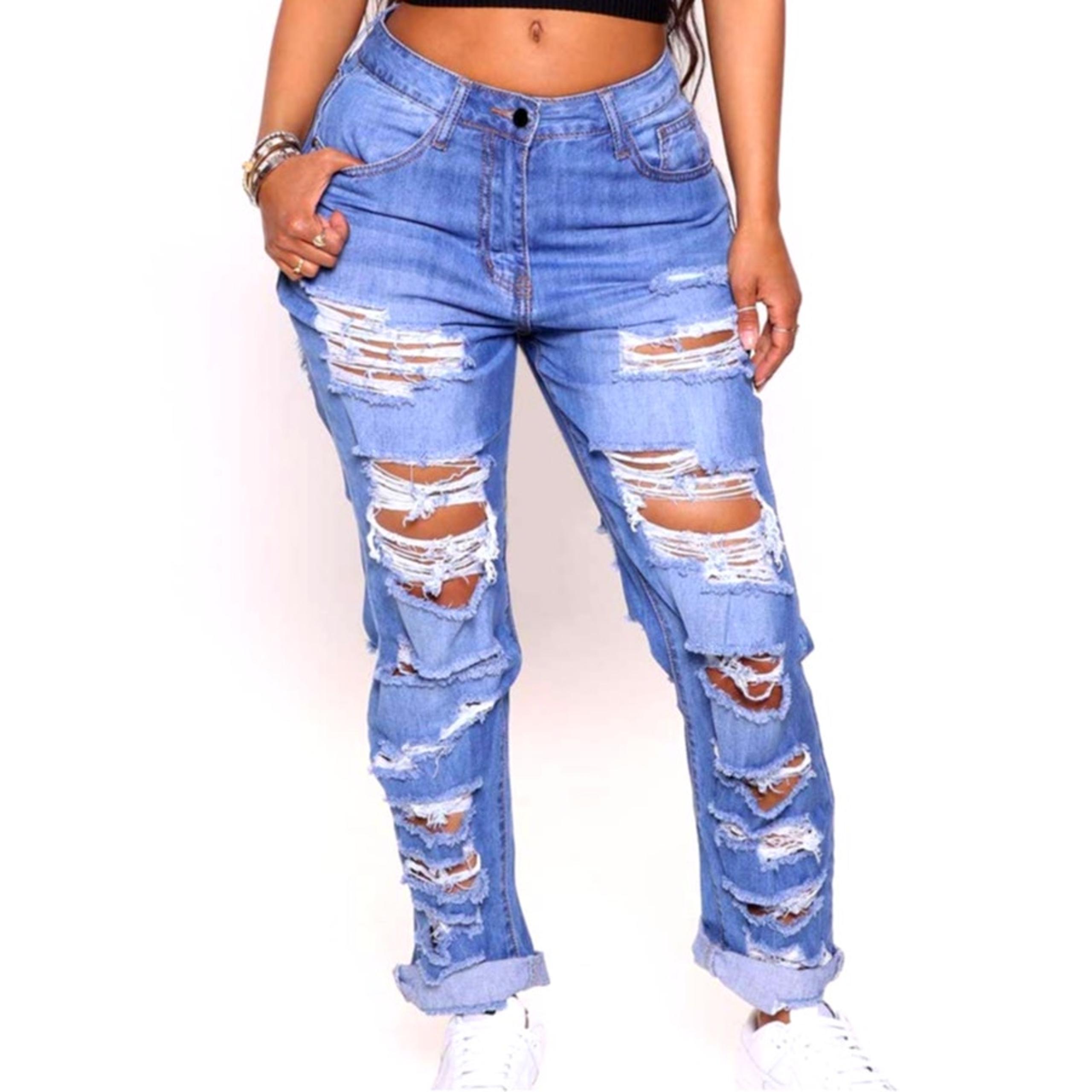 New Fashion Nova Size 3 Distressed Denim Jeans Blue Wash Cuffed Boyfriend Mom