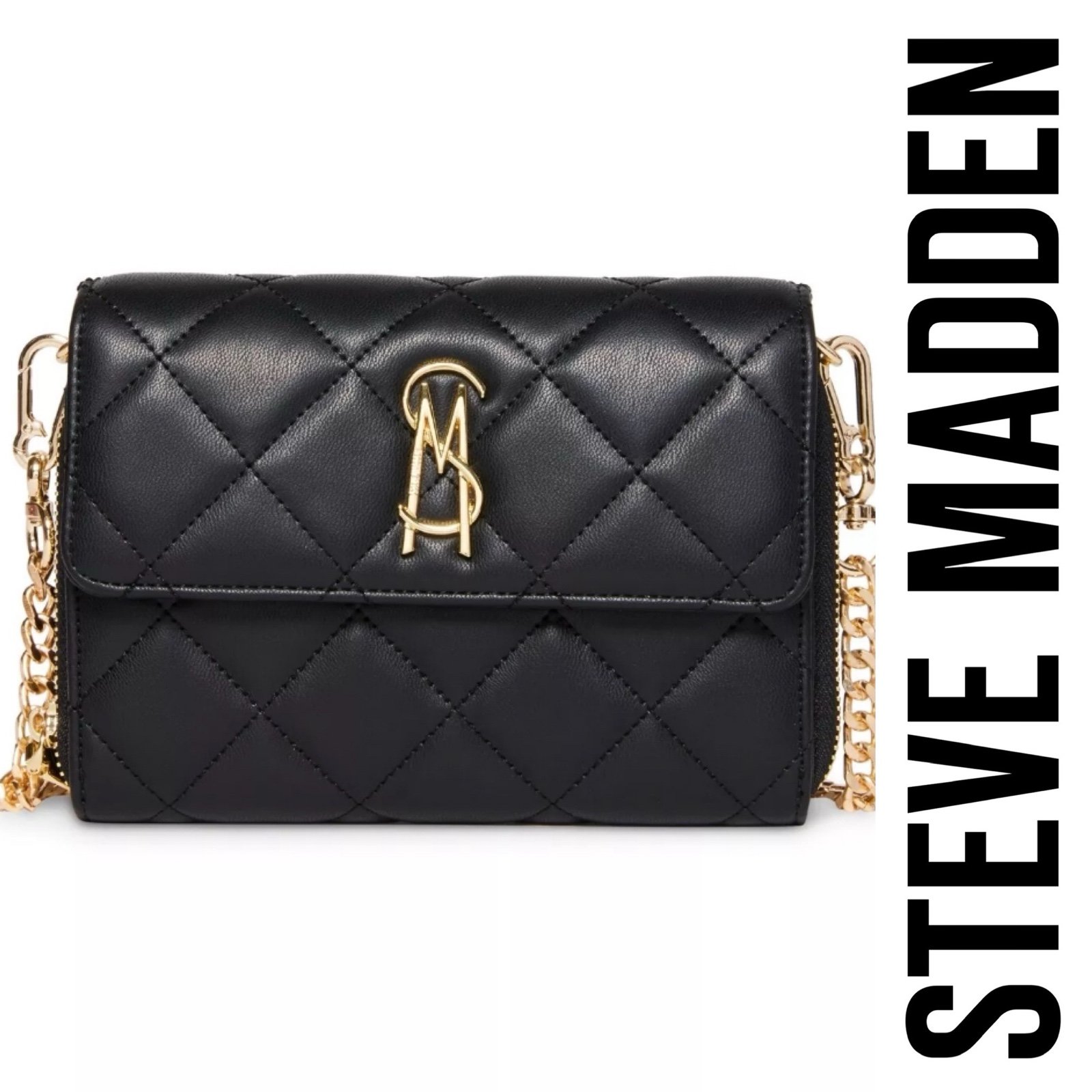 NWT STEVE MADDEN Women's Bcarina Quilted Crossbody Chained Wallet Black Gold