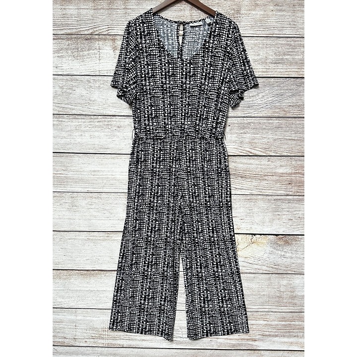Susan Graver Jumpsuit Black White Print Short Sleeve Wide Leg Elastic Waist MP