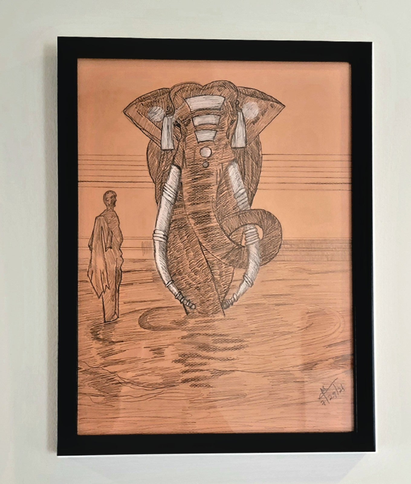 Elephant and monk drawing wall art home decor