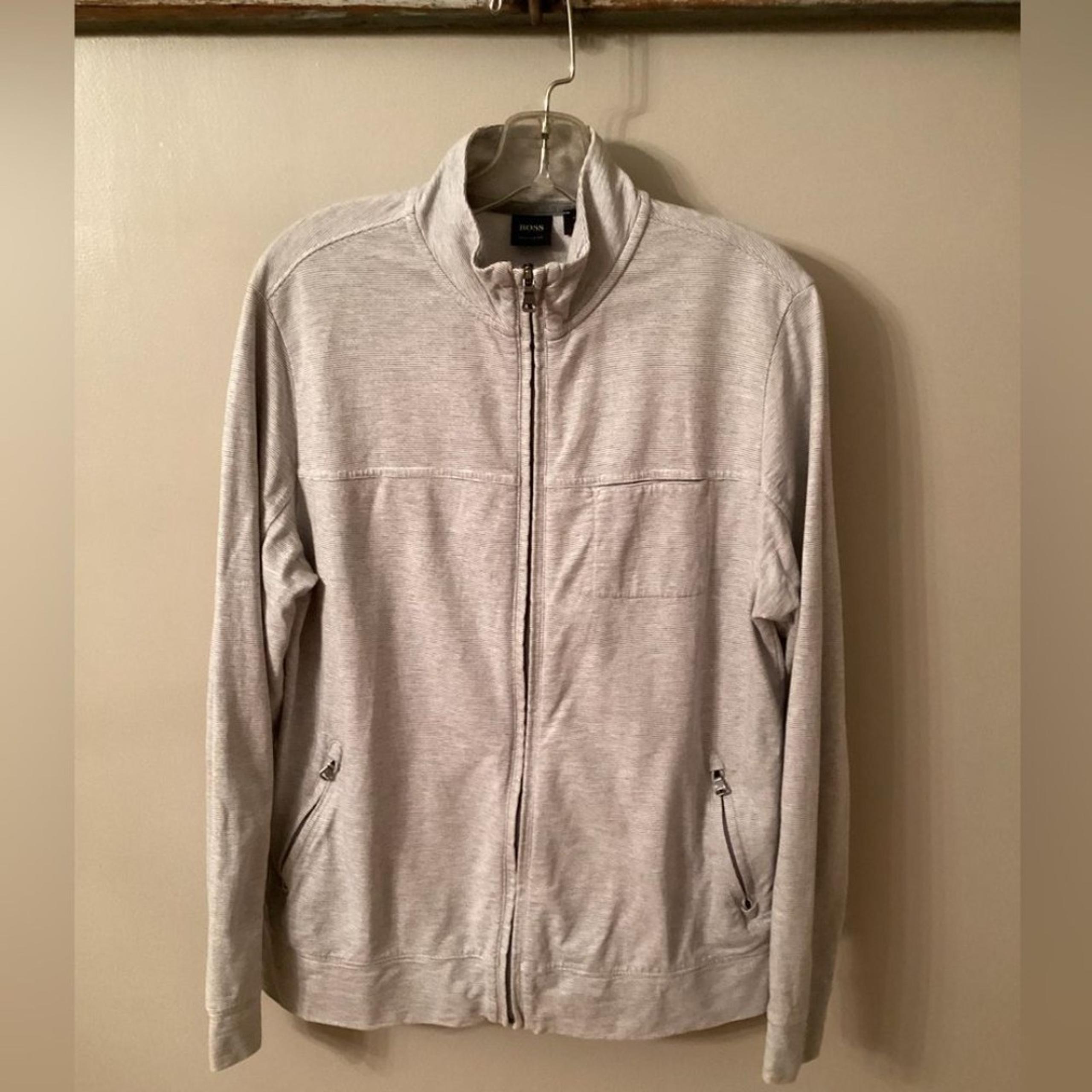 HUGO BOSS MENS SIZE MEDIUM REGULAR FIT GRAY STRIPED FULL ZIP JACKET