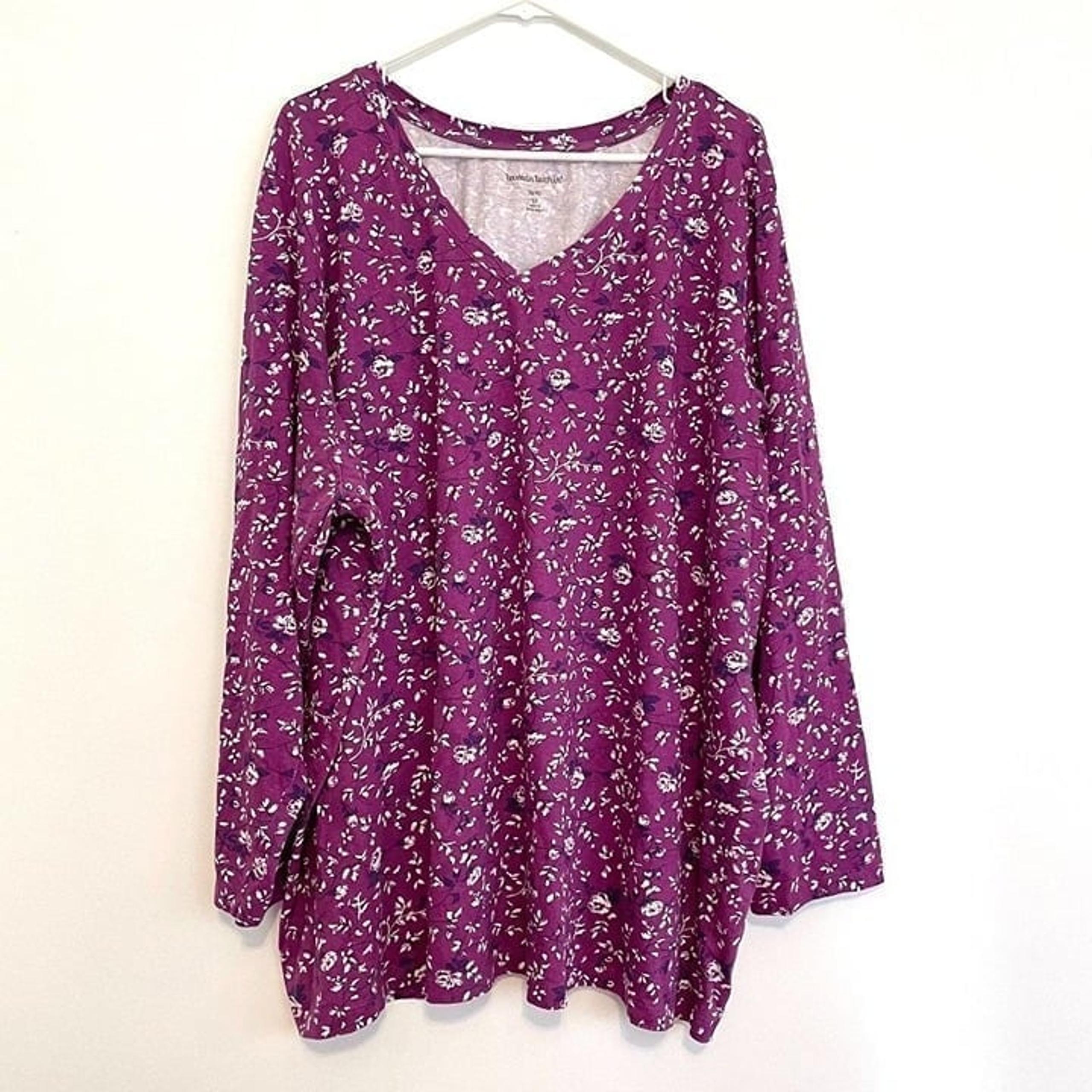 WOMAN WITHIN 5X Plus Size Printed Long Sleeve VNeck Tee Purple Floral 38W 40W 7X