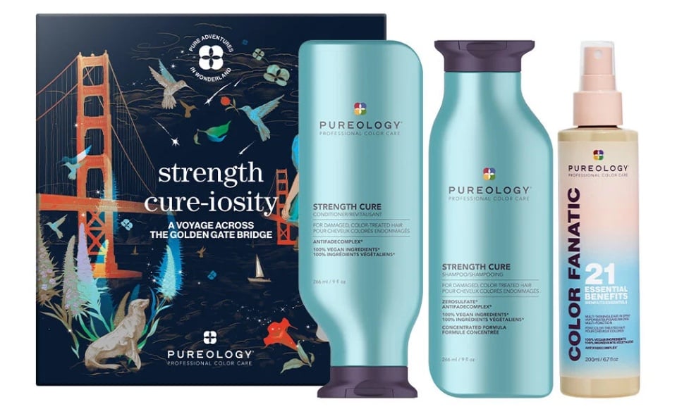PUREOLOGY STRENGTH CURE SHAMPOO & CONDITIONER 9 oz + COLOR FANATIC SPRAY SET