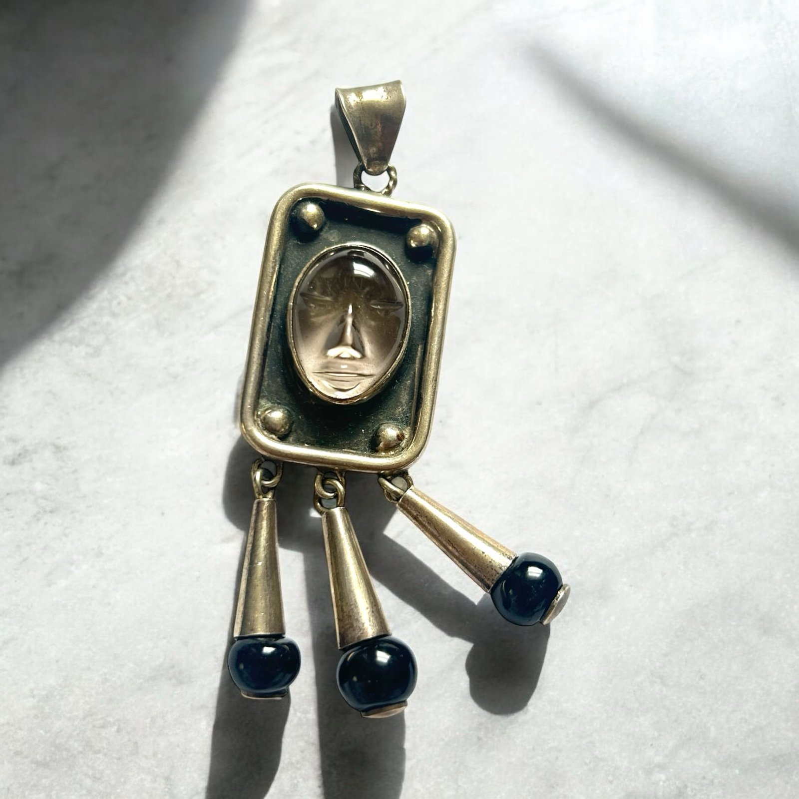 Jose Marmolejo Mexico Sterling Silver Carved Face Goddess Warrior Pendant 3.5