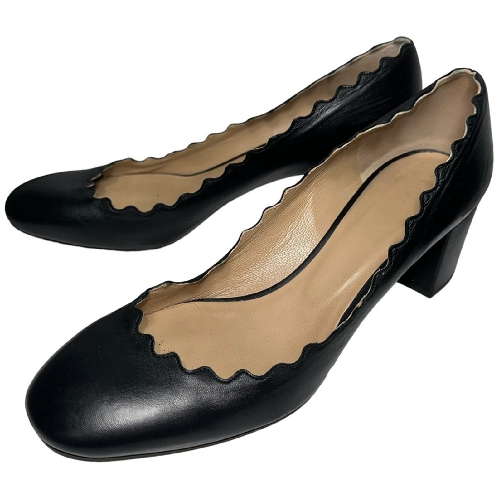 CHLOE Women’s Size 39 8.5 Black Leather Scalloped Low Block Heel Lauren Pumps