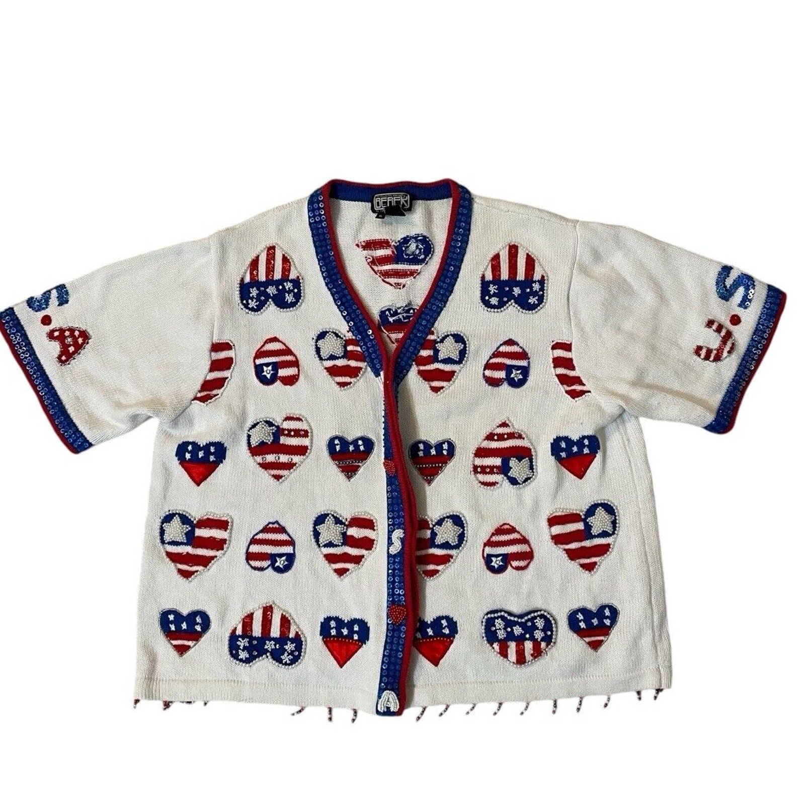 Vintage Berek Beaded Sweater XL Cardigan Patriotic USA American Flag Heart Rare