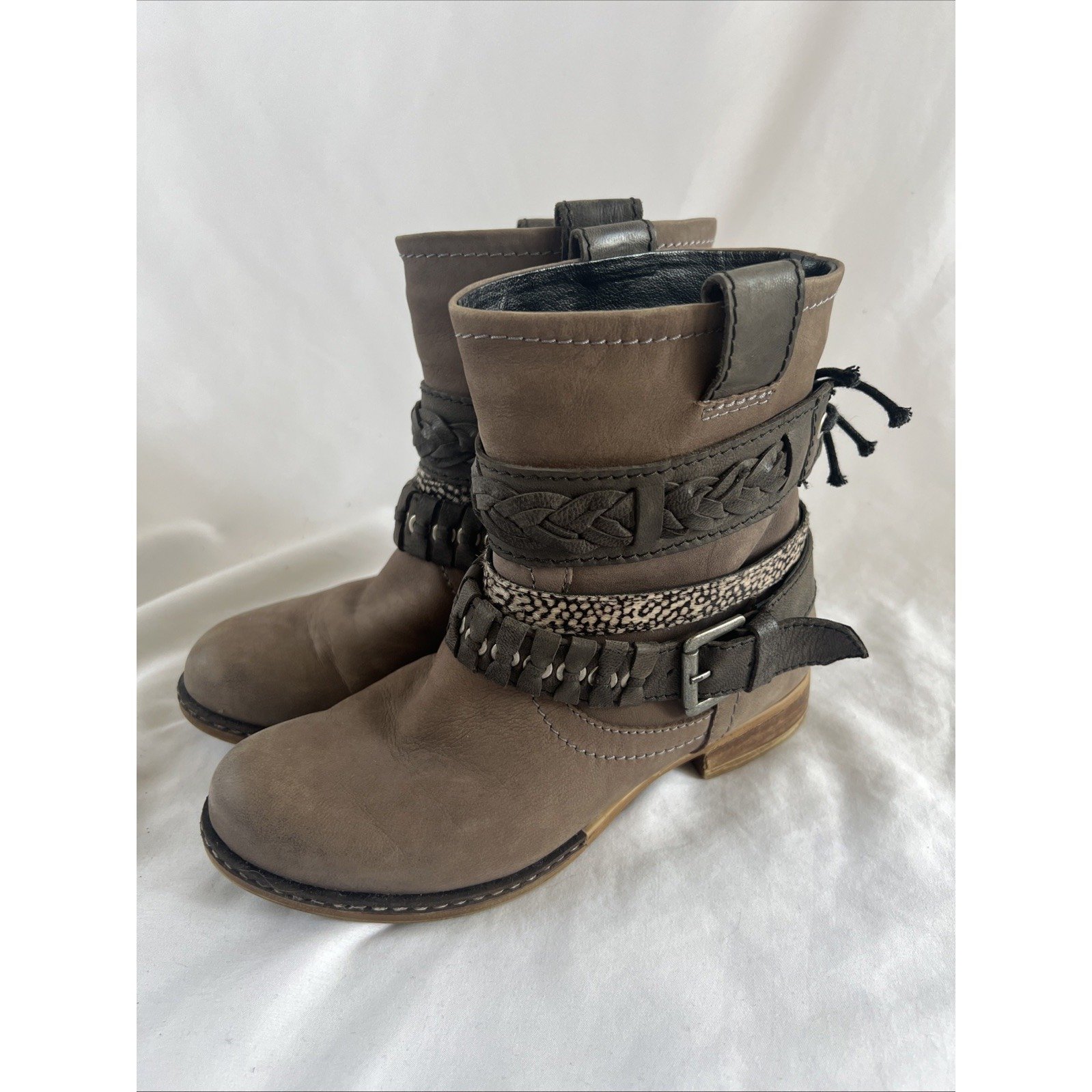 Bull Boxer Giorgia Boots Bootie Women's 7 Buckle Tie Slip On Brown Beige