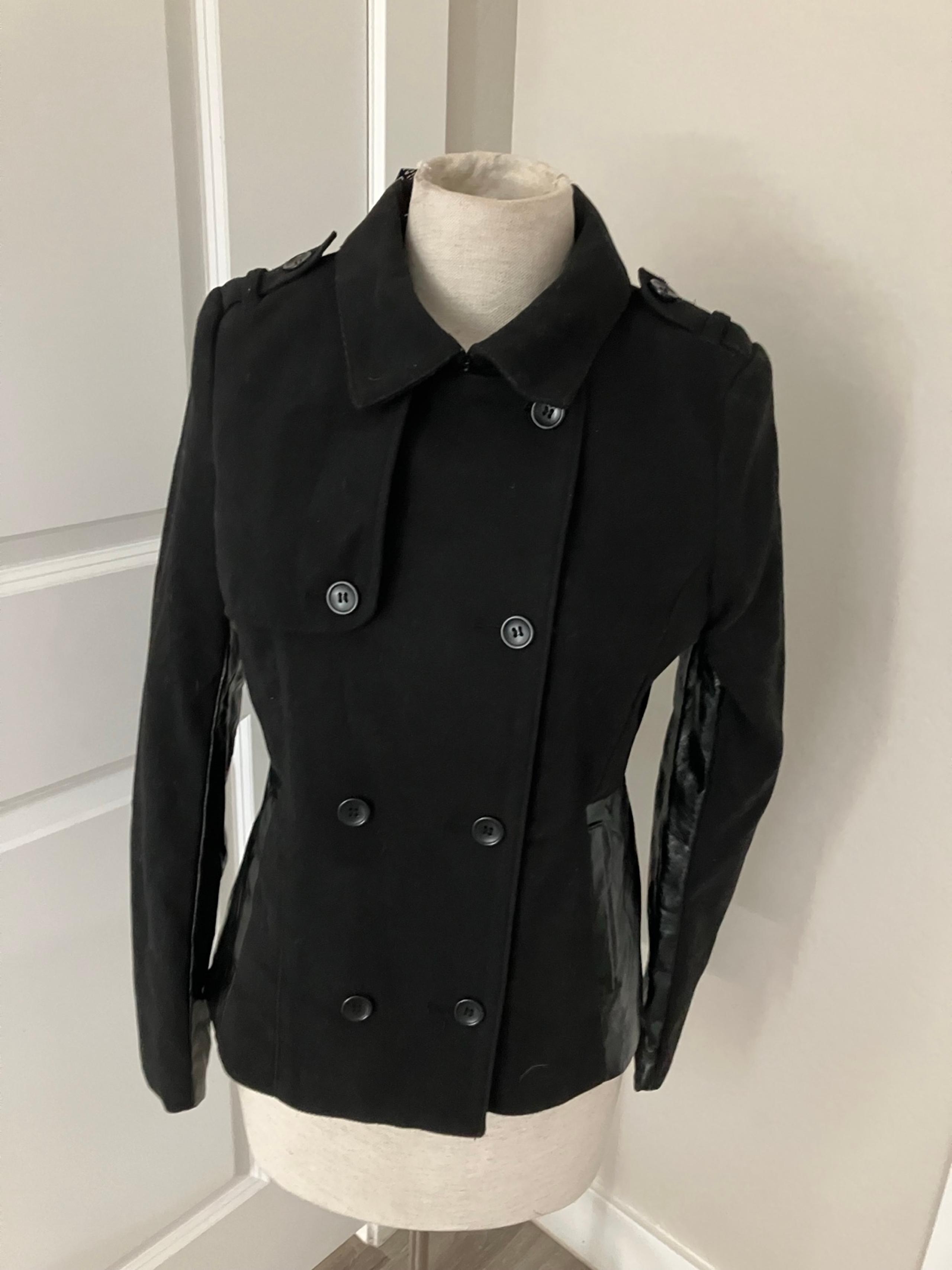 NWT  Divided by H&M women's  Black Rayon Blend Faux Leather Detail Pea Coat Sz 8