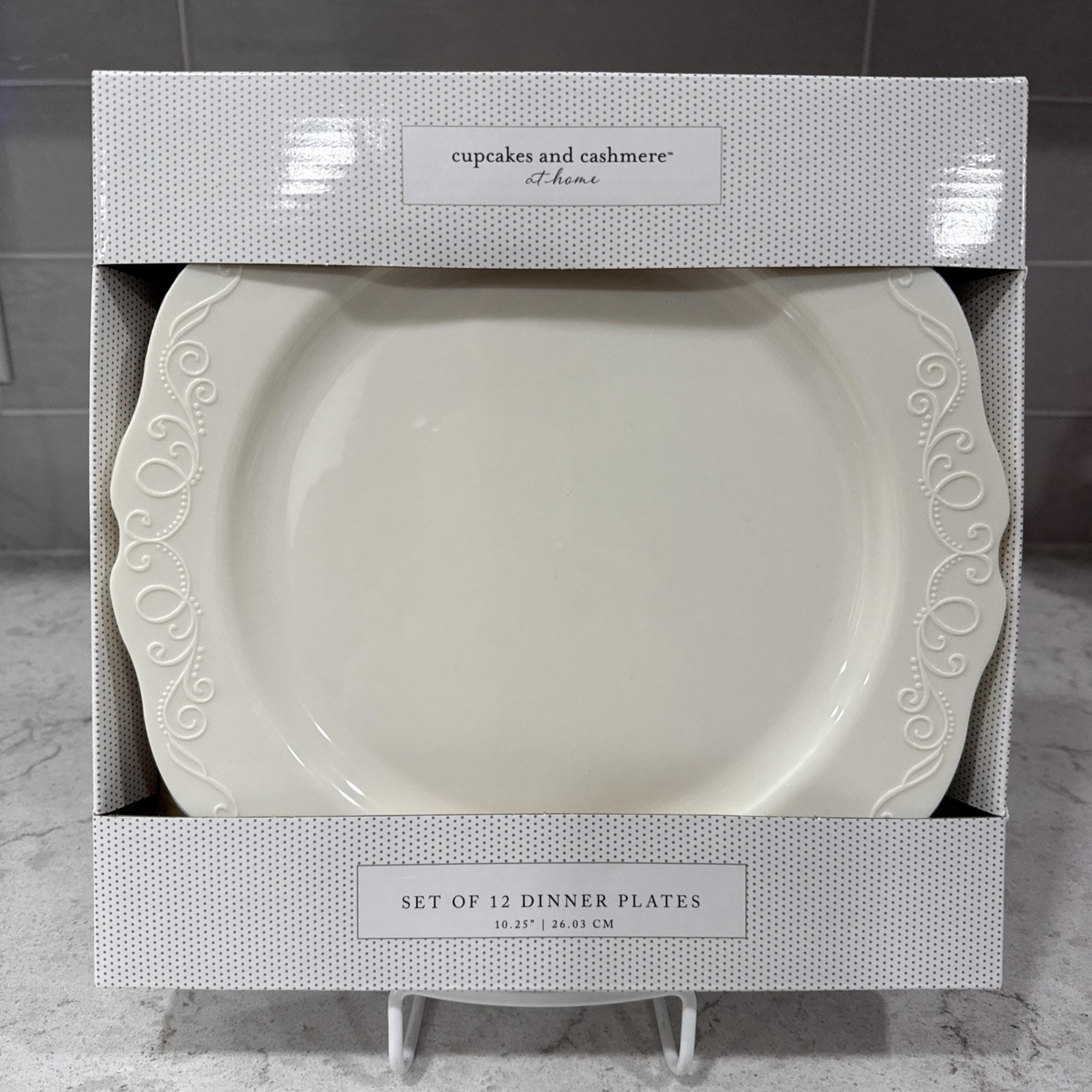 Set 12 IVORY SCROLL 10.25” Dinner Plates Boxed Cupcakes and Cashmere disposable