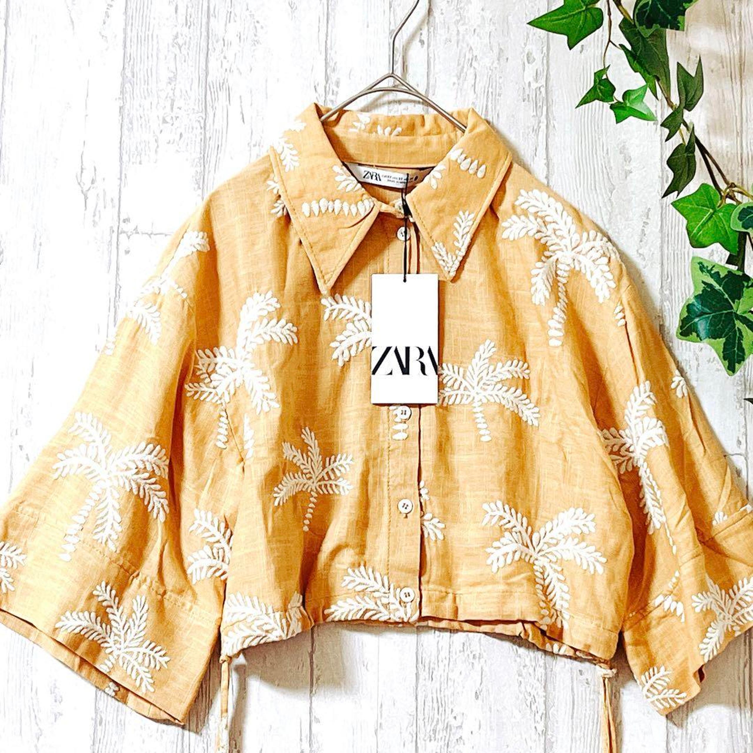 ZARA Palm Tree Embroidered Short Linen Blend Shirt Blouse, Camel