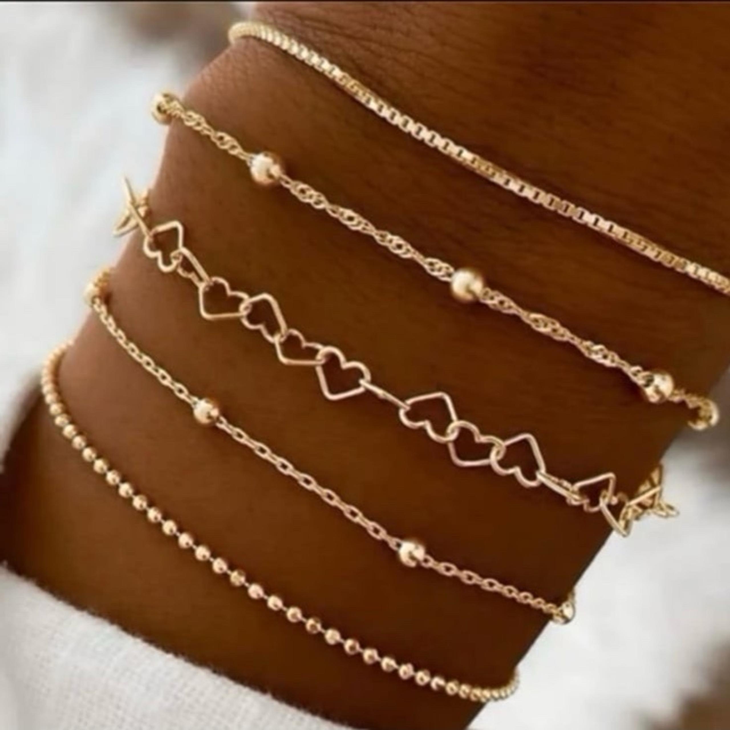 5pcs/set Exquisite Elegant Design Golden Color Thin Chain Iron Bracelets Daily W