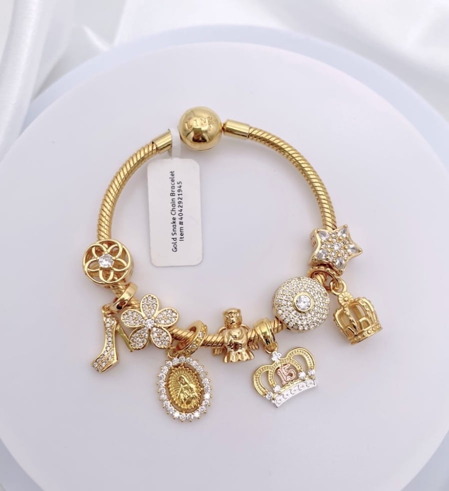 Linx Yellow Gold Snake Chain Bracelet with Religious Quinceanera Themed Charms