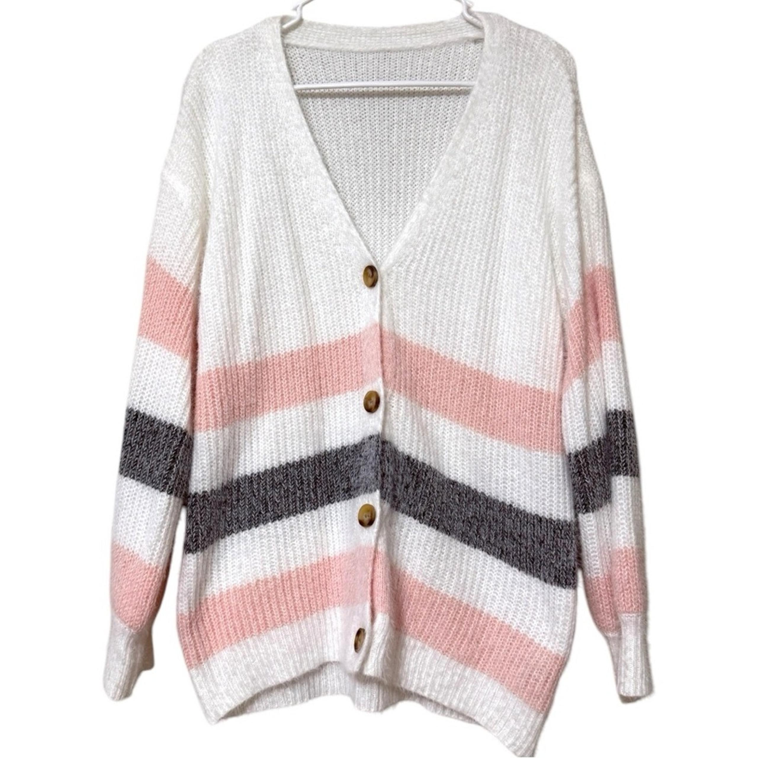 SHEIN size large women's striped cardigan v-neck sweater pink grey soft light