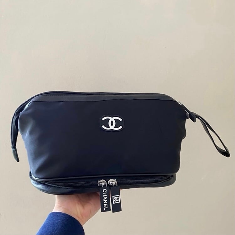 Brand New Chanel Black Nylon Large Makeup Bag/Pouch/Clutch with Wrist Strap