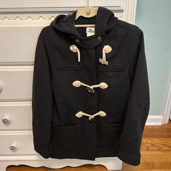 Lacoste Wool blend hooded pea coat with zipper and toggle enclosures