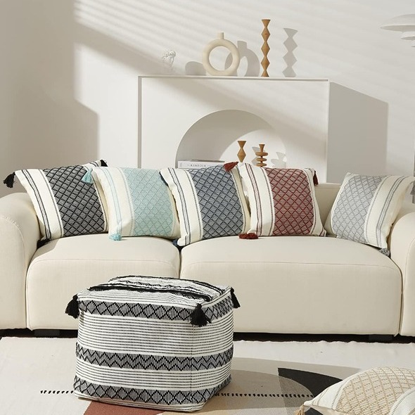Boho Neutral Decorative Unstuffed Pouf Cover - Cotton Woven Diamond