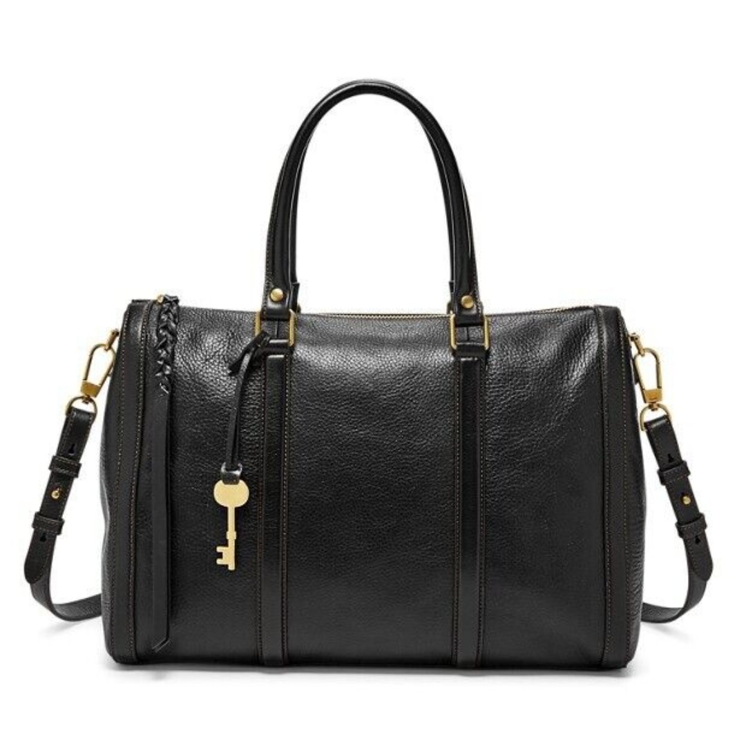 Fossil Kendall Crossbody Satchel Black Leather Purse Bag Braided Tassel Key
