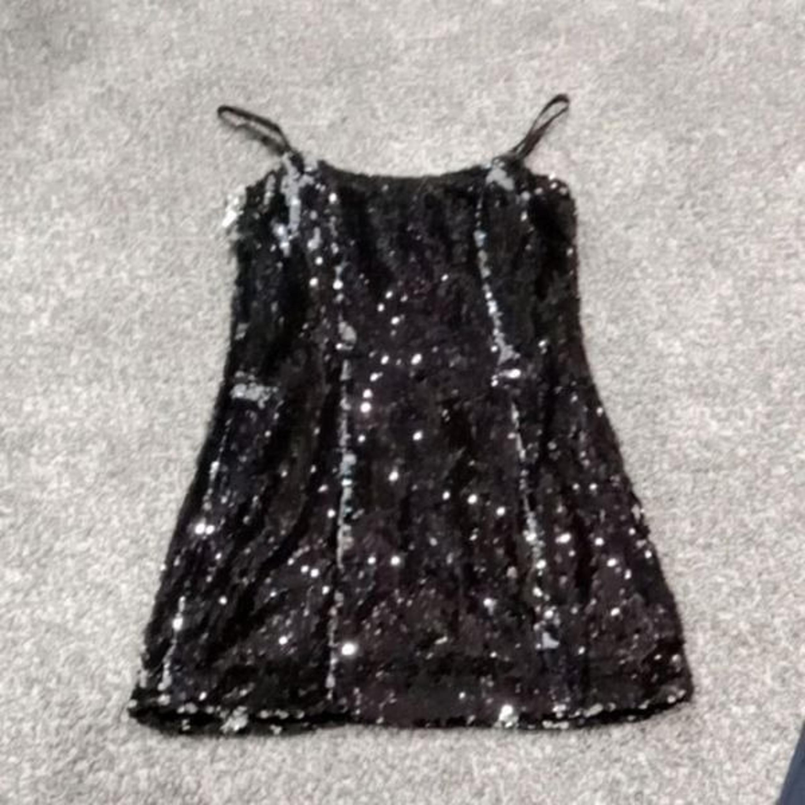 Vintage Katia Black Sequin Mini Dress w spaghetti straps &  back zip. Size small